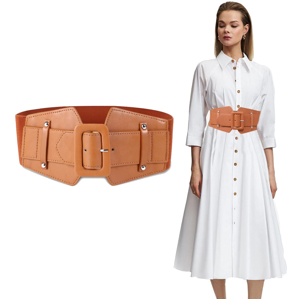 GUSTAVE Brown Women Belt for Dresses, Fancy and Stylish Belt for Women, Premium PU Elastic Waist Belts with Wide Buckle, Size 23 to 33 inches GUSTAVE Brown Women Belt for Dresses, Fancy and Stylish Belt for Women, Premium PU Elastic Waist Belts with Wide Buckle, Size 23 to 33 inches